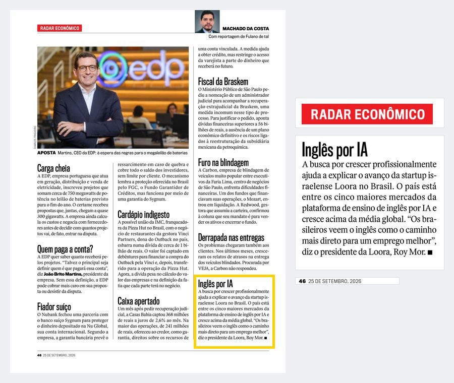 Nota sobre a Loora na coluna Radar Econômico da edição impressa da Veja, 25 de setembro de 2026